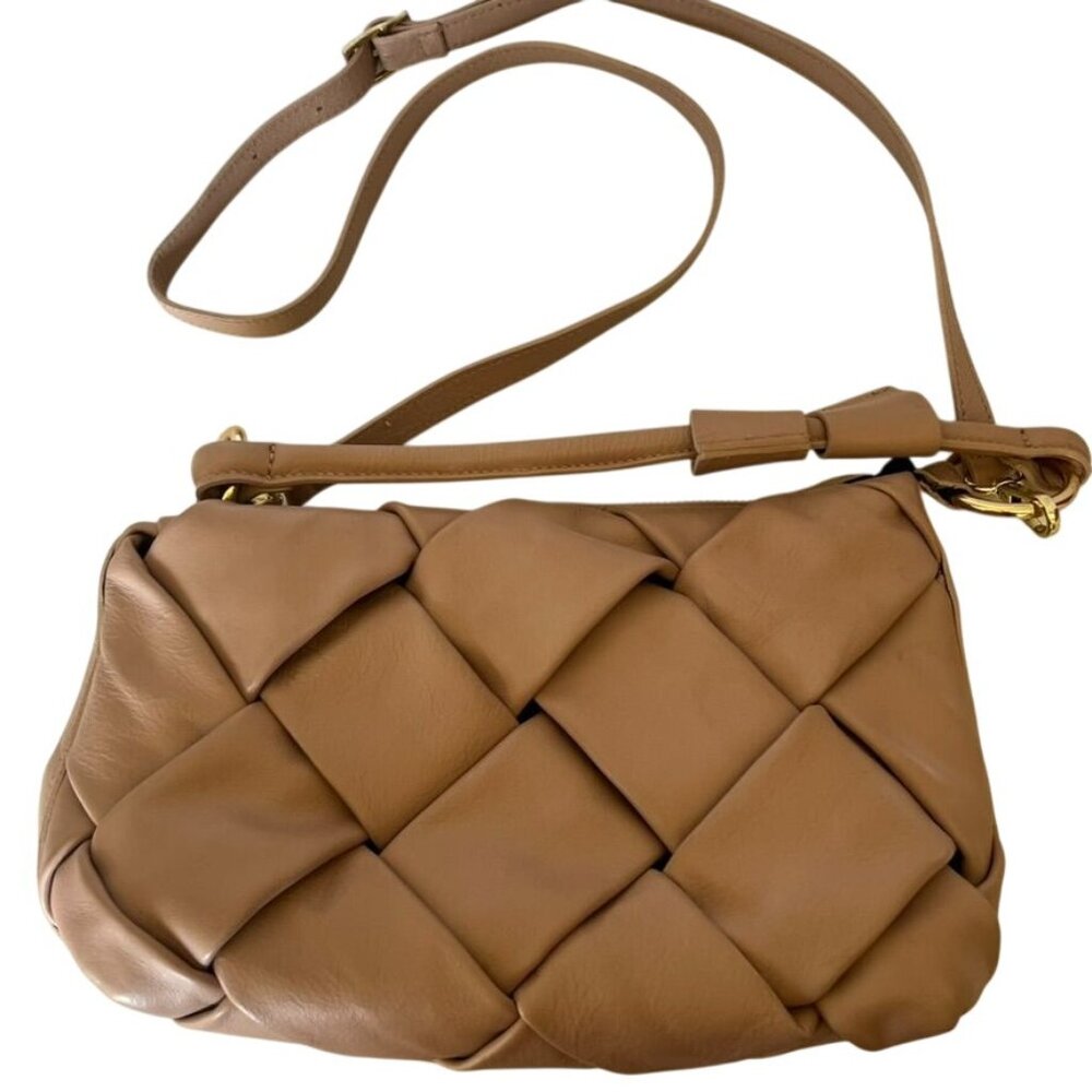 Valentina Fiore Buttery Leather Woven Crossbody Handbag Tan Pink Italy NWOT